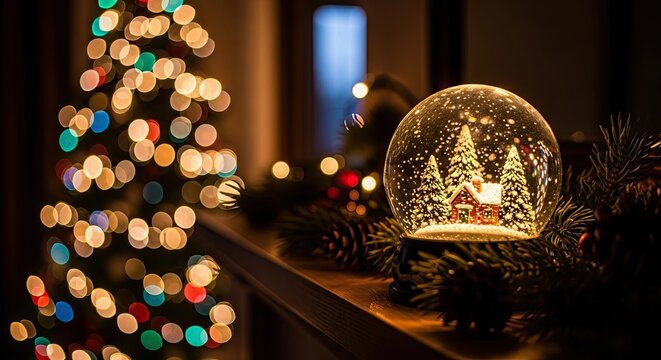 Magical Christmas Snow Globe and Blurry Tree Lights - Powered by Adobe