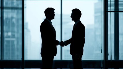 Professional business handshake silhouette in modern office setting with city skyline backdrop - Powered by Adobe