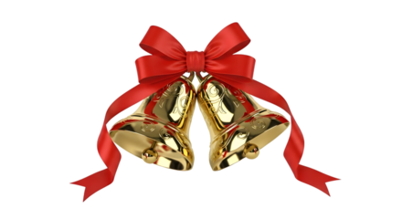 Golden christmas bells with red ribbon isolated on transparent background
