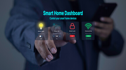 Man uses a Smart Home Dashboard on a virtual screen. Hand controlling smart devices like lights, AC, and locks via a futuristic interface.