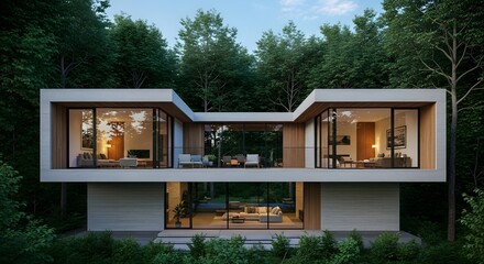 Modern Luxury House in Forest: Contemporary Architecture with Floor-to-Ceiling Windows