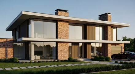 Modern Luxury House with Brick Facade, Large Windows, and Black Car in Driveway