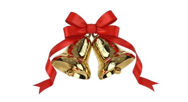 Golden christmas bells with red ribbon isolated on transparent background