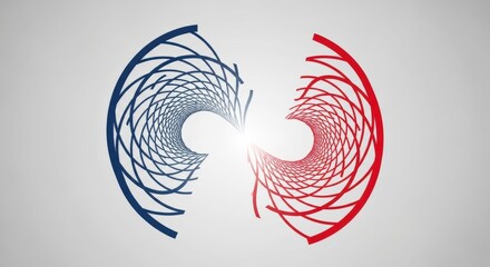 Symmetrical abstract design with swirling blue and red patterns meeting in the center.