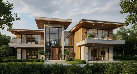 Modern Luxury House with Wood and Glass Facade, Surrounded by Lush Greenery