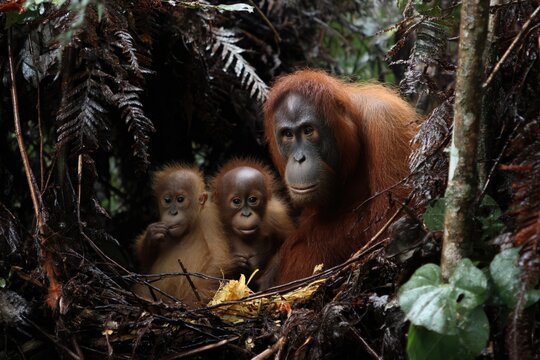 Sumatran orangutan mother with two babies in their rainforest nest, an endangered primate species found in the tropical forests of Sumatra, Indonesia, symbol of wildlife conservation and maternal care
