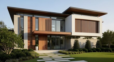 Modern Luxury Residence Exterior with Wood and Stone Accents