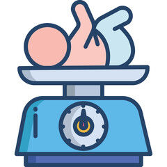 Blue and white weighing scale measuring infant with pink and light blue clothing on a transparent background for class 07-395 with clean lines and simple illustration style