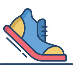 Blue and yellow athletic shoe with red sole on a simple background with motion lines suggesting movement and speed