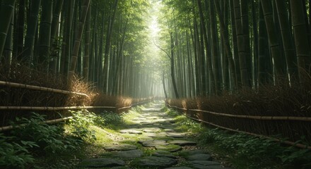 Obraz premium Sunlight streams through a dense bamboo forest illuminating a stone pathway bordered by a woven fence