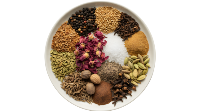 Aromatic spices arranged in a circular pattern on a white plate, transparent png, isolated.