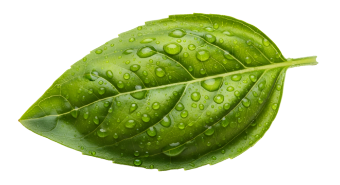 Fresh green basil leaf with water drops isolated on transparent background , ai generated image