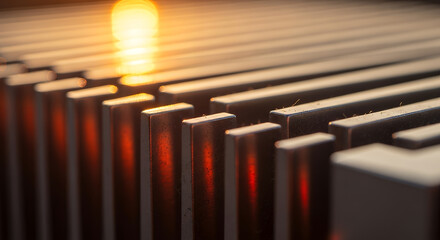 Close up abstract view of glowing orange heat emanating from a textured metallic grid surface with shallow depth of field