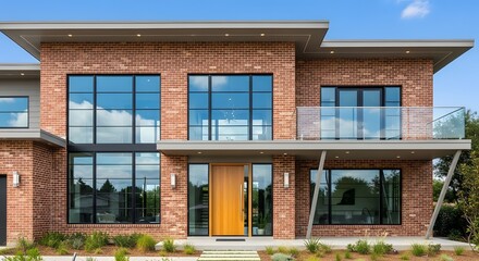 Modern Red Brick House with Large Windows and Wooden Door