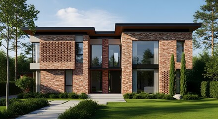 Modern Red Brick House with Large Windows and Lush Green Landscaping