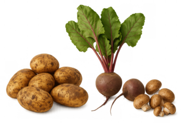 Fresh raw potatoes, beetroots with green leaves, and button mushrooms, healthy ingredients on transparent background