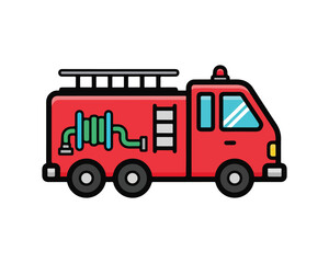 Red cartoon fire truck with hose and ladder isolated on white background