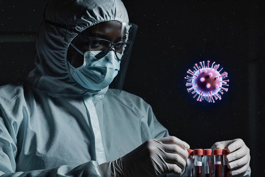 A scientist in a protective suit handles blood vials, analyzing samples in a dark lab alongside a glowing coronavirus representation. - Powered by Adobe
