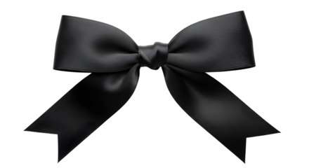 Elegant black silk ribbon bow for gift wrapping, decoration, and funeral designs isolated PNG with Transparent Background