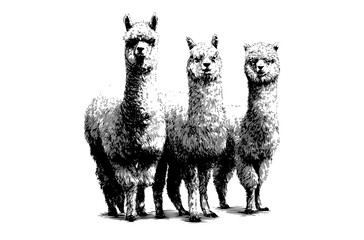 Naklejka premium three alpacas standing side by side, hand-drawn in a realistic stylealpaca, animal, camel, stand, white 
