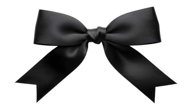 Elegant black silk ribbon bow for gift wrapping, decoration, and funeral designs isolated PNG with Transparent Background