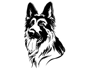 a black and white drawing of a german shepherd dog headBorder collie, black, dog, head, illustration, image, mouth, profile, sheepdog, shepherd, white 