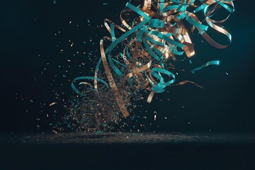 Dramatic explosion of metallic gold and teal confetti and curling ribbons falling onto a dark reflective surface, creating a luxurious festive background.
