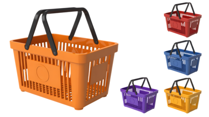 A collection of colorful plastic shopping baskets on a transparent png background, isolated. A collection of colorful shopping baskets standing in a row, transparent png, isolated.