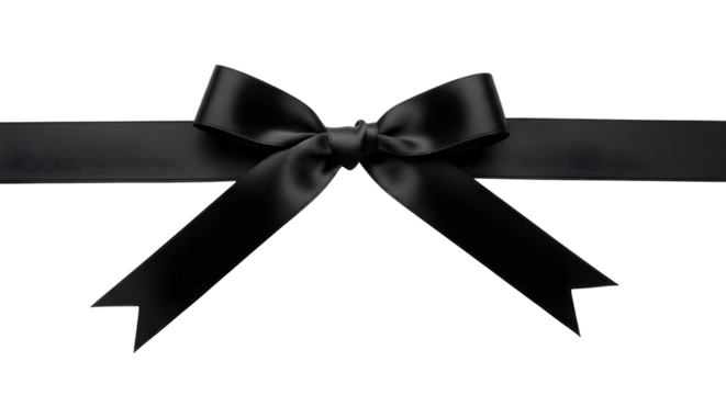 Elegant black silk ribbon bow for luxury gift box wrapping and memorial decoration isolated PNG with Transparent Background