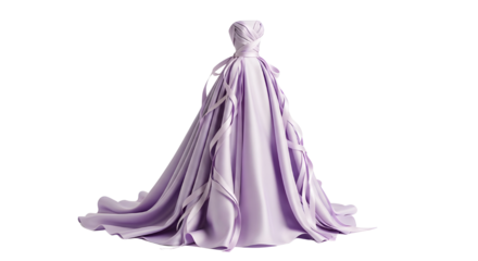 Luxury purple silk couture gown fashion garment with dramatic flowing draping design isolated PNG with Transparent Background
