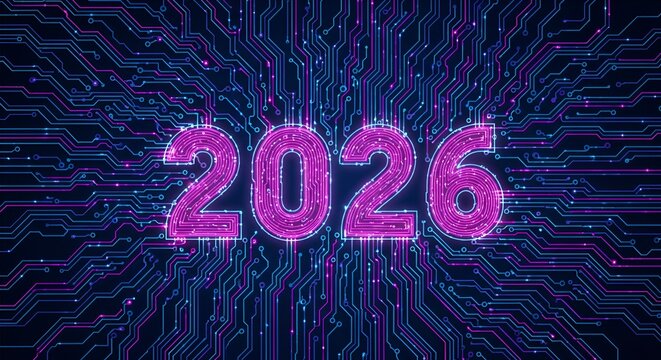 Futuristic 2026 digital circuit board glowing neon numbers.