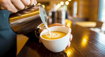 Pouring milk into coffee cup on brown wood table