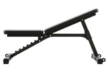 Black adjustable incline weight bench for gym workouts on a transparent background
