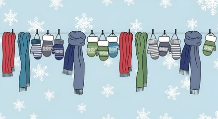 Winter Clothes Hanging on a Clothesline with Snowflakes.