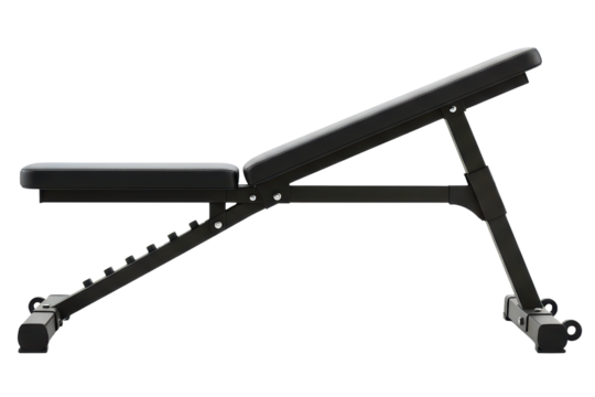 Black adjustable incline weight bench for gym workouts on a transparent background