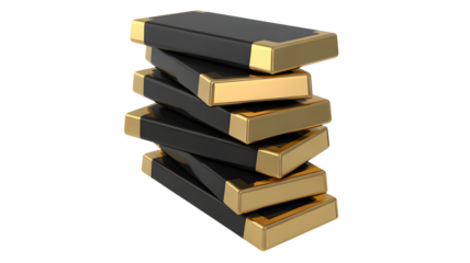 Stacked black and gold bars resting precariously, transparent png, isolated graphic.