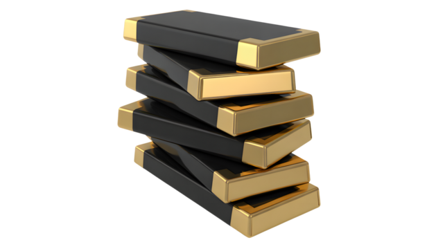 Stacked black and gold bars resting precariously, transparent png, isolated graphic.