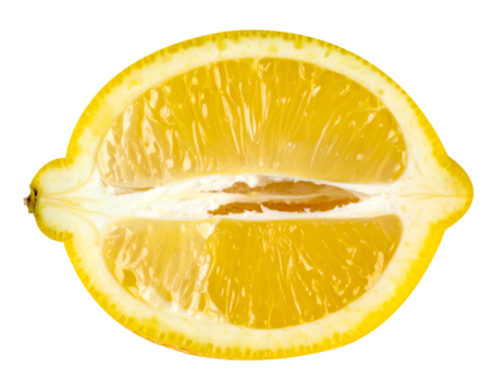 Half lemon cross-section showing juicy pulp, seeds, and rind texture, fresh citrus slice on isolated background