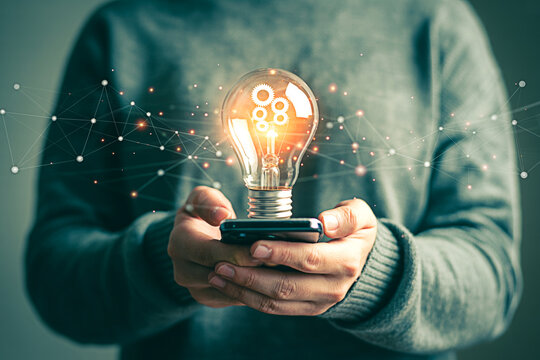 Innovation light bulb on phone for new ideas and technology solutions for business and creativity concept - Powered by Adobe