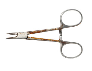 Fototapeta premium Rusty stainless steel surgical forceps clamp with serrated tips and ring handles, vintage medical instrument on isolated background