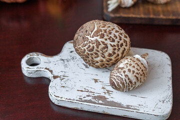 Macrolepiota procera, the parasol mushroom, on a vintage white cutting board. Concept of rustic kitchen, organic ingredient, culinary background. © Natallia
