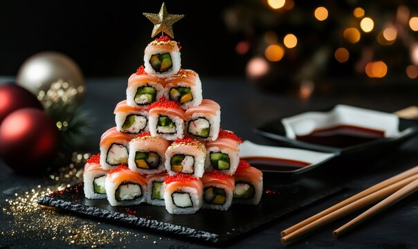 Festive japanese sushi rolls arranged as a christmas tree on a dark background