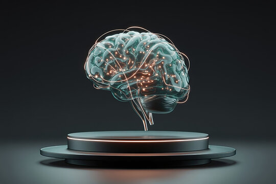 Conceptual 3D render of a luminous human brain displayed on a sleek dark pedestal, representing AI, connectivity, and intelligence network processing.