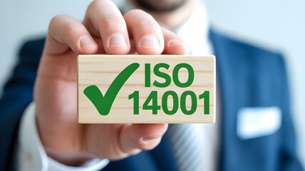 ISO 14001 concept. Businessman hold wooden block with icon of ISO 14001 certified for environmental management systems (EMS). Identify, control and reduce the environmental impact of activities.	