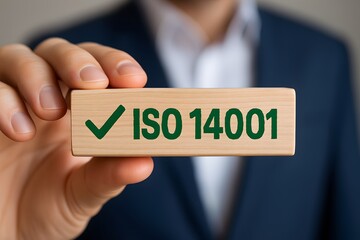 ISO 14001 concept. Businessman hold wooden block with icon of ISO 14001 certified for environmental management systems (EMS). Identify, control and reduce the environmental impact of activities.	