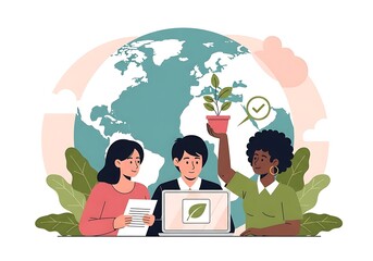 Diverse team collaborates on environmental solutions, with a laptop displaying a leaf icon and a potted plant symbolizing growth