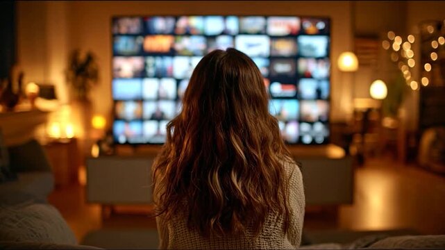 Woman with long hair watches a colorful screen displaying multiple media thumbnails
