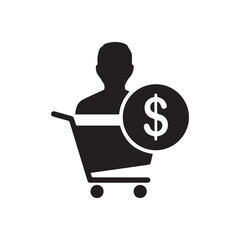 Shopping cart with person icon and dollar sign isolated on white background