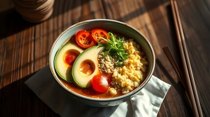 Stir fried vegetables and pasta with herbs in a pan for a healthy dinner.