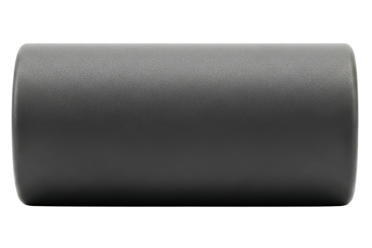 Gray cylindrical high-density foam roller for muscle massage on a transparent background